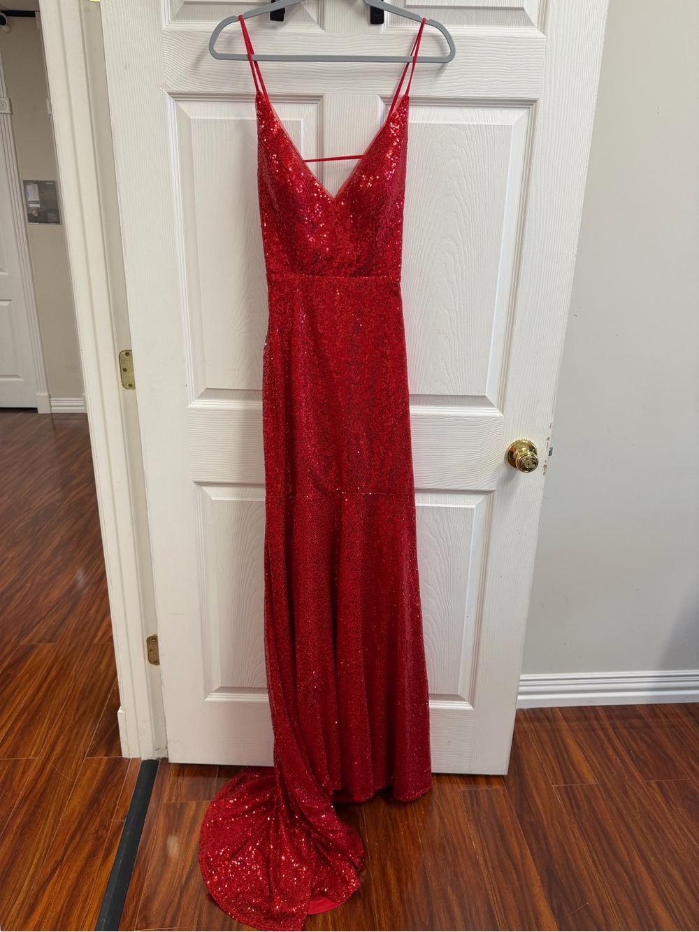 Red Sequin Spaghetti-Strap Prom Gown